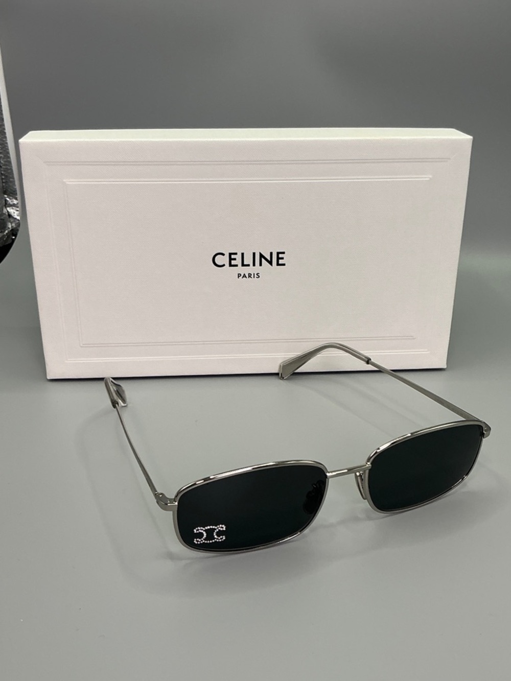 NWT Celine Silver Metal Rectangular Sunglasses with Black Lenses